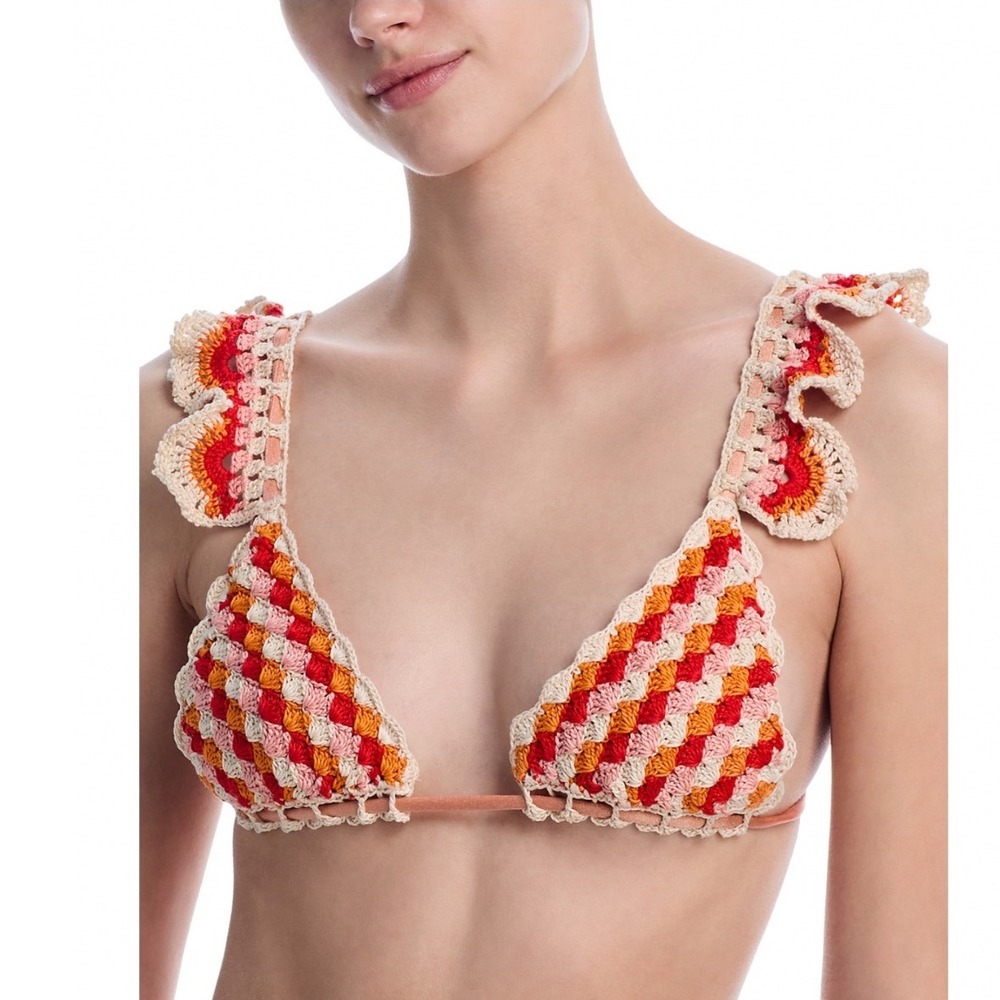 Capittana Melissa Crochet Bikini Top Orange Ruffle Adjustable Straps XS NEW